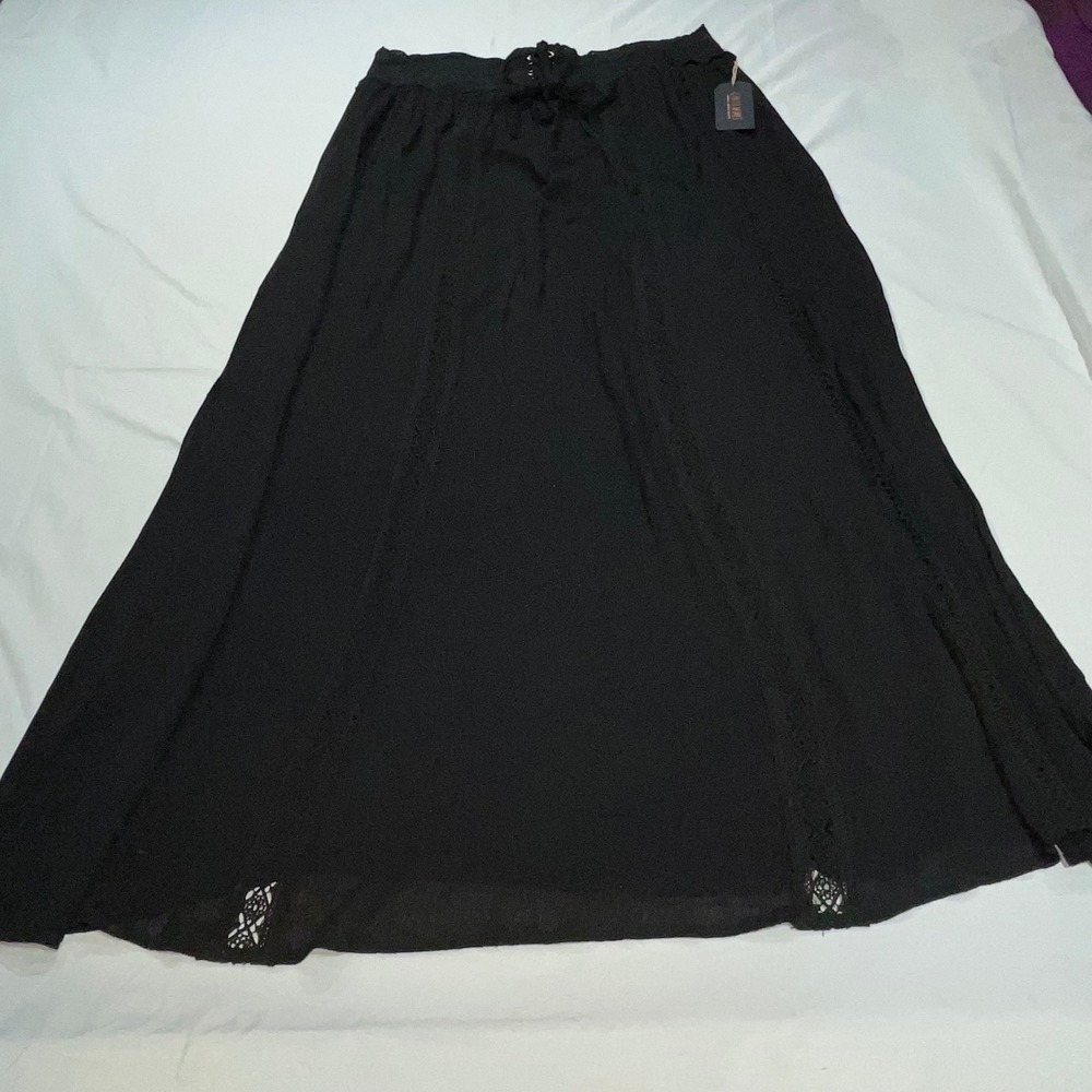 Shyanne Black Crochet Lace Trim Maxi Skirt Western Boho Smocked Waist XXL NWT